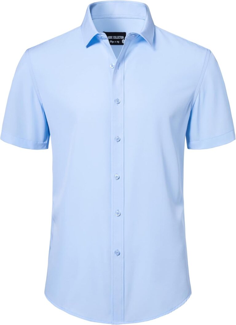 Mens Short Sleeve Dress Shirts Stretch Button Down Wrinkle Free Casual Solid Formal Shirt for Summer Business Wedding