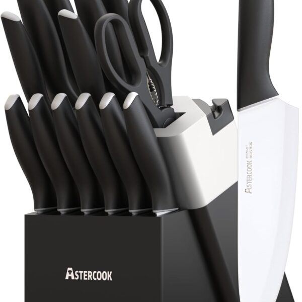 Astercook Knife Set, Kitchen Knives with Block and Sharpener 15 Pcs German Stainless Steel Knives Sharp Blade Dishwasher Safe Deba Knives with Ergonomic Handle, Elegant Black