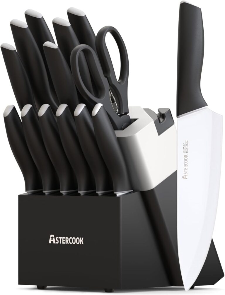 Astercook Knife Set, Kitchen Knives with Block and Sharpener 15 Pcs German Stainless Steel Knives Sharp Blade Dishwasher Safe Deba Knives with Ergonomic Handle, Elegant Black