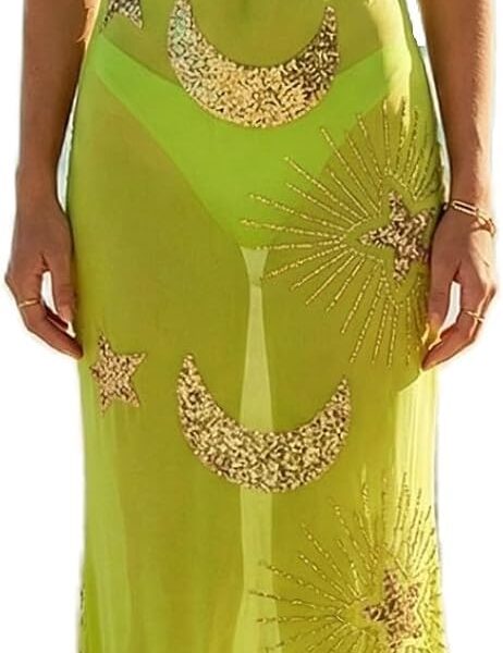 Muineobuka Women See Through Sheer Long Dresses Sexy Mesh Sheer Cover Up Beach Dress Vocation Bikini Swimmwear