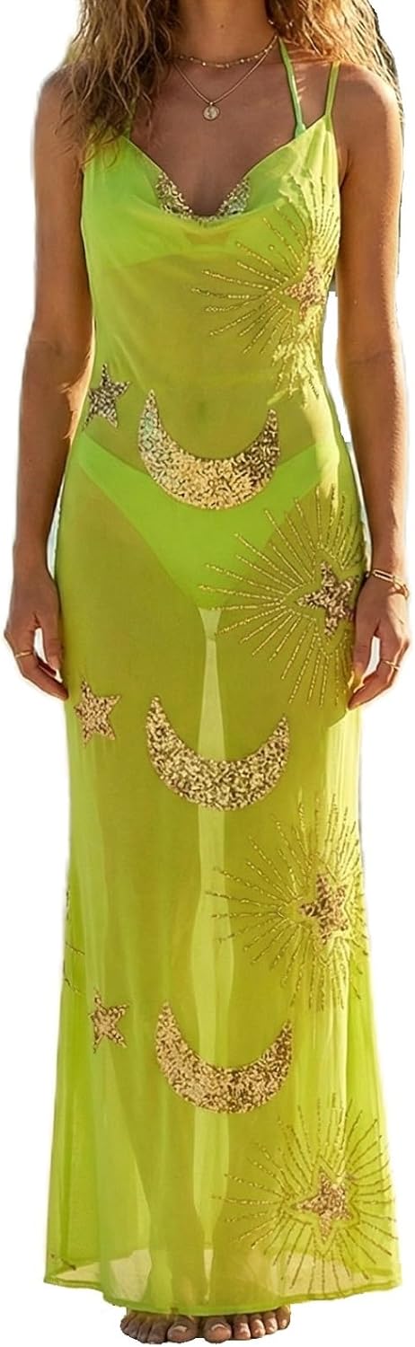 Muineobuka Women See Through Sheer Long Dresses Sexy Mesh Sheer Cover Up Beach Dress Vocation Bikini Swimmwear