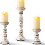 Homemory Farmhouse Wood Candle Holders for Pillar Candles Set of 3, Rustic Candle Holders for Table Centerpiece, 13" 9" 6" Vintage Tall Candle Stand Decorative for Dining Fireplace Living Room (White)