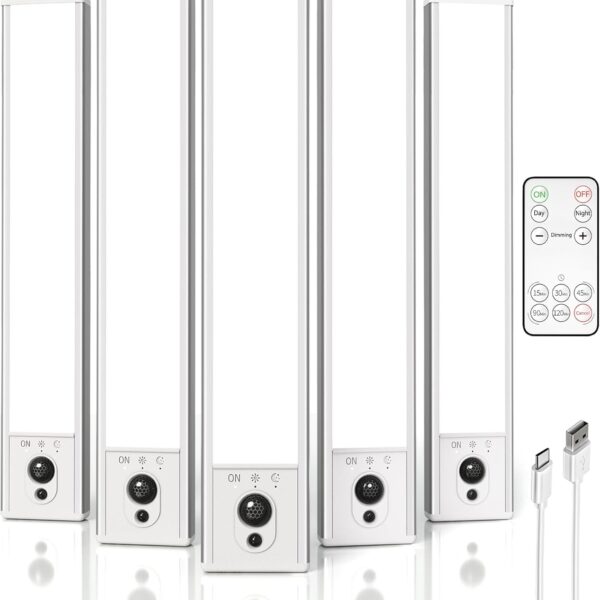 EZVALO 5-Pack Under Cabinet Lighting, 2400mAh Motion Sensor Light, LED Closet Lights Wireless, 6500K Dimmable, Timer, Magnetic, with Remote Control for Kitchen, Closet, Stair