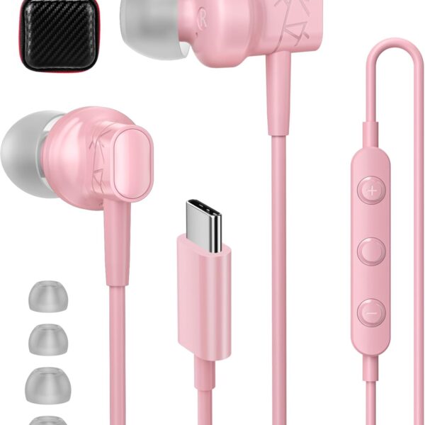 APETOO USB C Wired Earbuds for iPhone 17 16 Pro Max 15 Plus HiFi Stereo Magnetic Headphones in-Ear Earphones Type C Ear Buds with Microphone for Samsung S26 S25 S24 S23 S22 S21 A16 Z Flip7 6, Pink