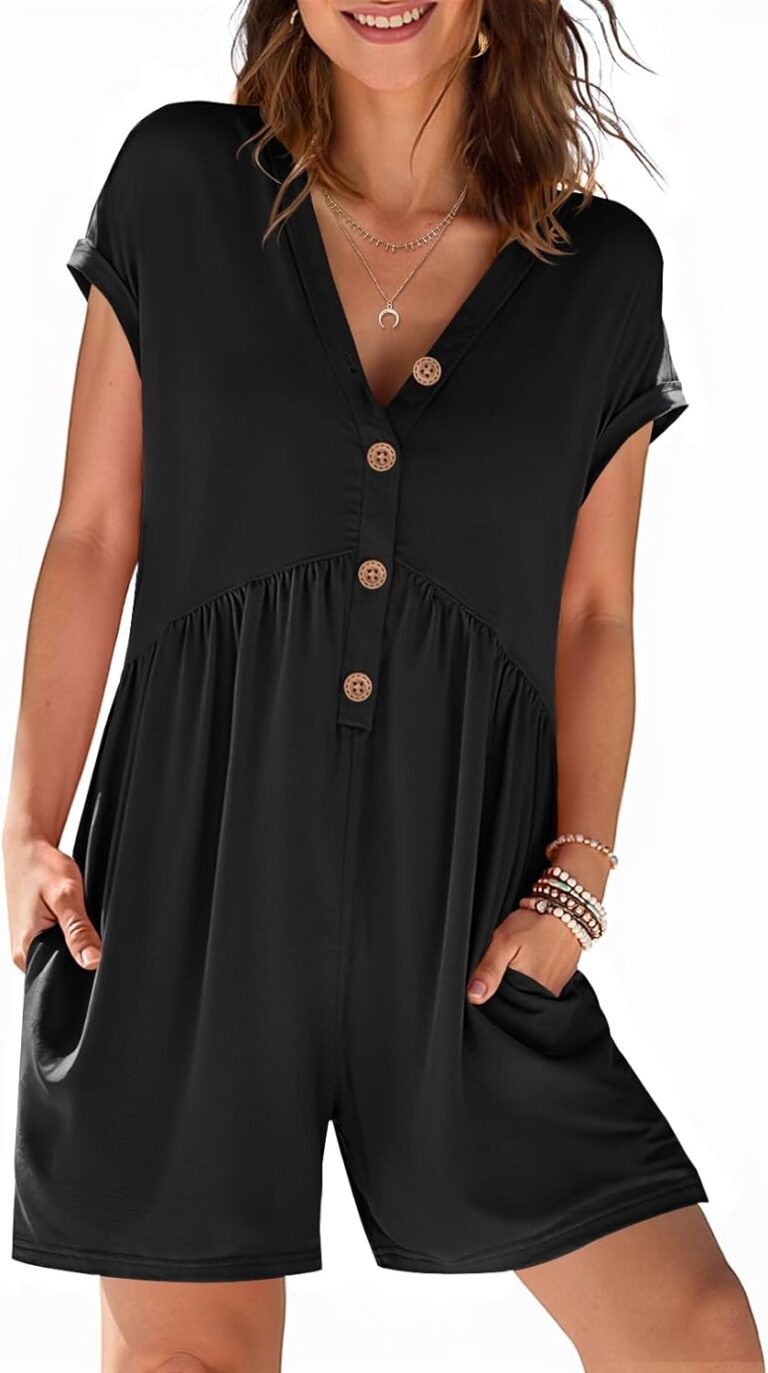 MEROKEETY Rompers for Women Summer 2026 Casual Cap Sleeve V neck Button Short Jumpsuit Overalls Beach Vacation Outfits