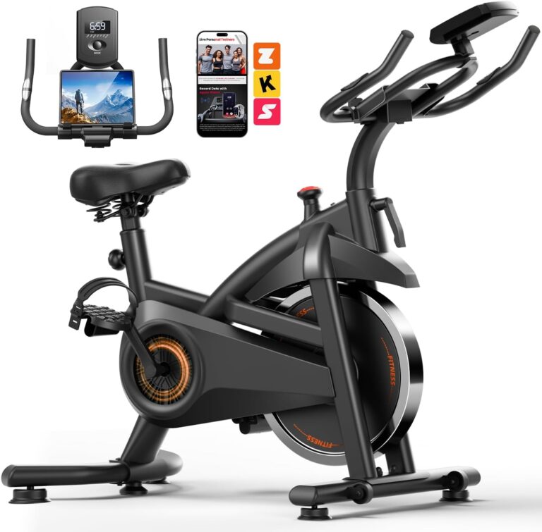 CURSOR FITNESS Exercise Bike, Brake Pad Stationary Bike for Home with Exclusive App, Stationary Bikes for Home with 300 lb Weight, Indoor Cycling Spin Bike Workout Bike with Extra Comfort Seat