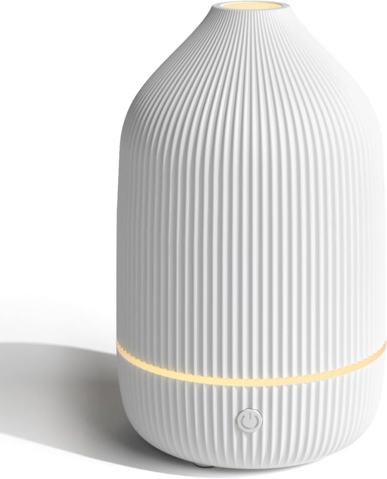Essential Oil Diffuser, 100ml Aromatherapy Diffuser, Mini Ultrasonic Diffuser for Essential Oil, Home, Office, Cool Mist Humidifier with 7 Led Light, Auto Shut-Off, White