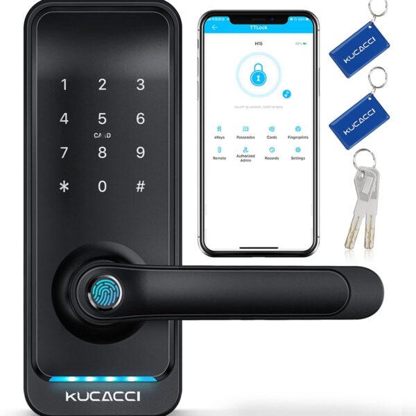 Smart Door Lock with Handle: Kucacci Keyless Entry Digital Door Lock for Front Door - Fingerprint Keypad Smart Dnob - Generate Passcode Remotely - App Control - Easy Installation(Black)