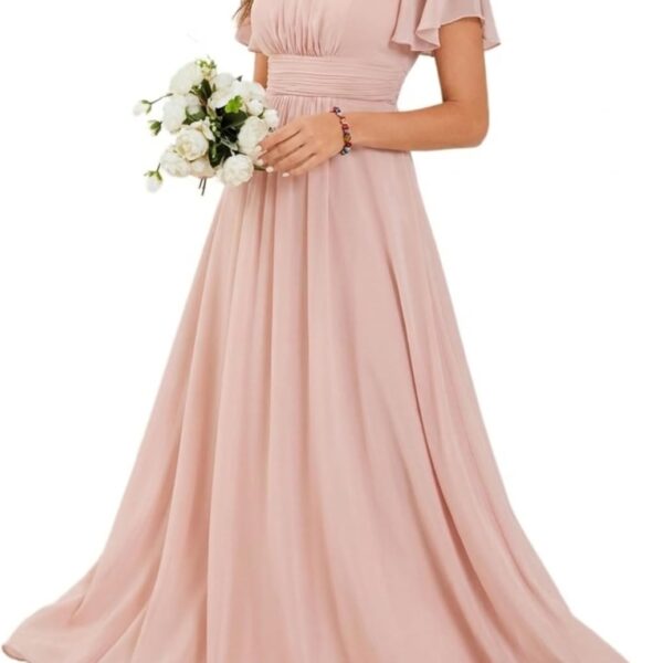 Ever-Pretty Women's Spring Elegant Round Neck Short Sleeve Chiffon Empire Waist Floor Length Formal Dresses Bridesmaid Dress