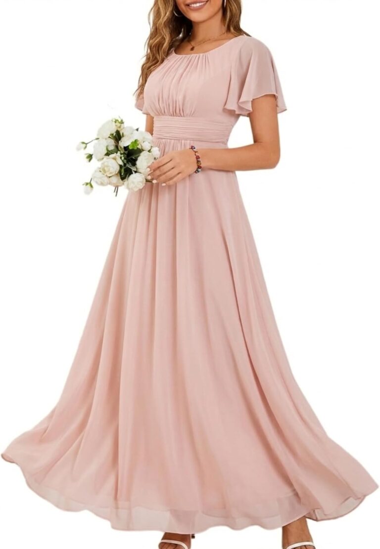Ever-Pretty Women's Spring Elegant Round Neck Short Sleeve Chiffon Empire Waist Floor Length Formal Dresses Bridesmaid Dress