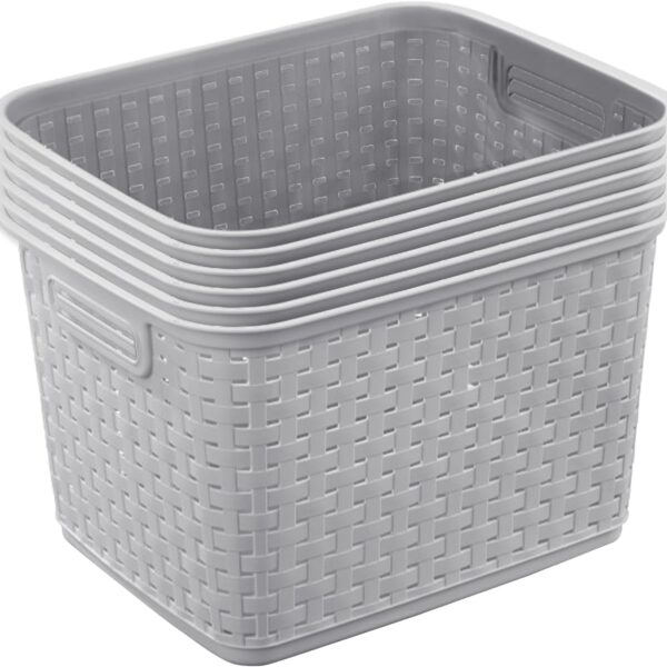 Sterilite 6-Pack Tall Weave Basket, Woven Plastic Storage Baskets for Organization, Cement Gray - Organizing Bin Containers with Handles for Bedroom, Bathroom, Dorm, Laundry Room, and Closet