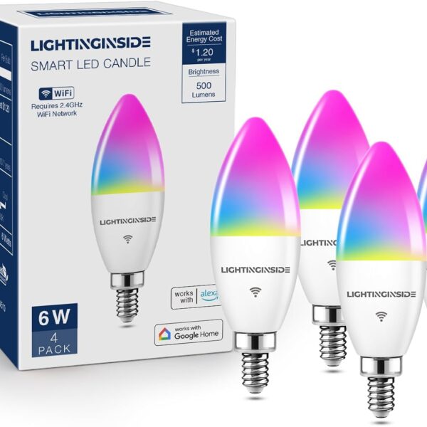 Lightinginside E12 Smart Light Bulbs 60W Equiv., Work with Alexa/Google Home/SmartLife, 500LM 6W RGBCW Candle Candelabra LED Light Bulbs, No Hub Required, 2.4G WiFi Bluetooth Bulb, ETL Listed, 4PCS