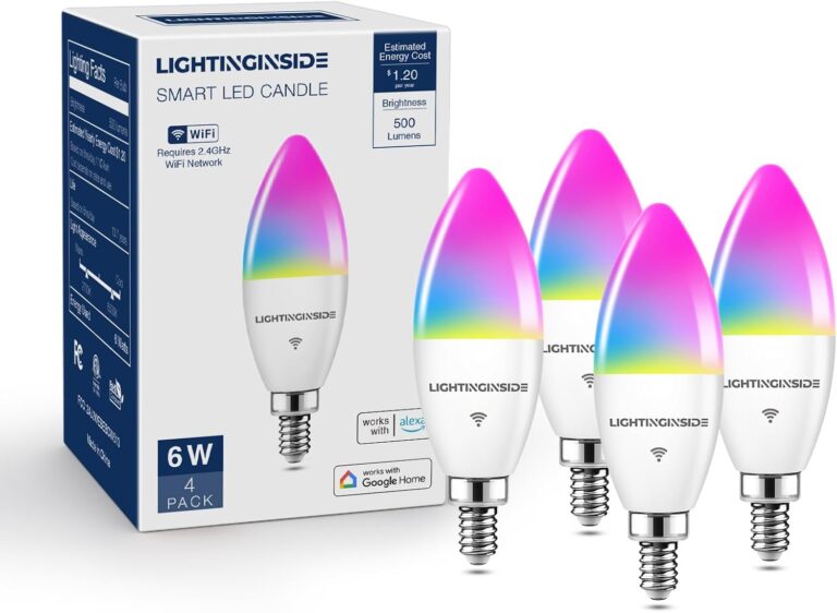 Lightinginside E12 Smart Light Bulbs 60W Equiv., Work with Alexa/Google Home/SmartLife, 500LM 6W RGBCW Candle Candelabra LED Light Bulbs, No Hub Required, 2.4G WiFi Bluetooth Bulb, ETL Listed, 4PCS
