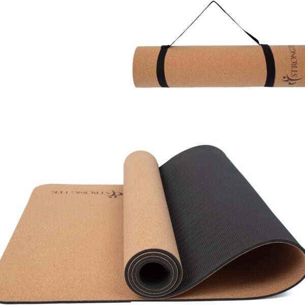 StrongTek Eco-Friendly Cork Yoga Mat, 7mm Thick, 72"x24", Cork+TPE, 2 lbs, Non-Slip, Lightweight & Cushioned Mat for Hot Yoga, Pilates & Home Fitness, Durable Surface with Natural Grip and Carry Strap