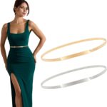 XZQTIVE 2 Pieces Women Skinny Metal Chain Waist Belt Stretchy Saree Cinch Belt for Dress Gold Sliver