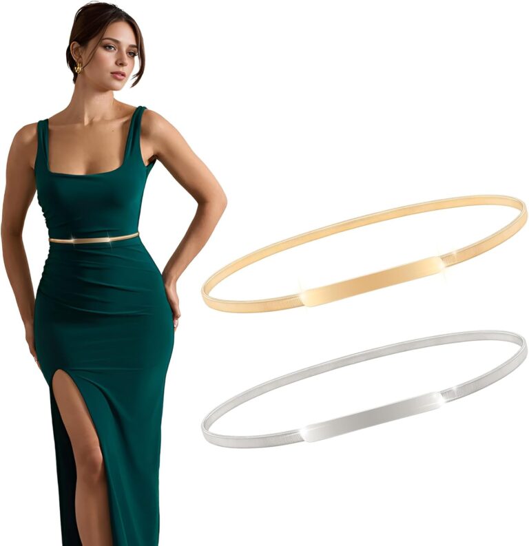 XZQTIVE 2 Pieces Women Skinny Metal Chain Waist Belt Stretchy Saree Cinch Belt for Dress Gold Sliver