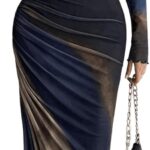 Women's Tie Dye Long Sleeve Maxi Dress Mesh Bodycon Ruched Night Out Formal Cocktail Long Dress for Wedding Guest Party