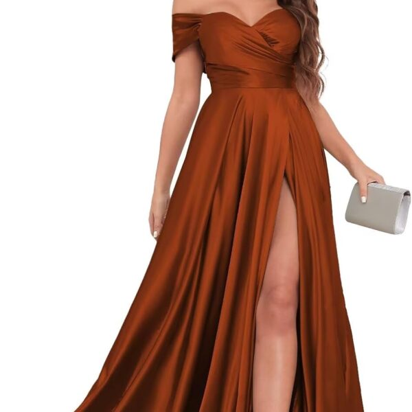 JKMMYO Women's Off Shoulder Bridesmaid Dresses for Wedding with Slit Satin Prom Dress Long Formal Gown
