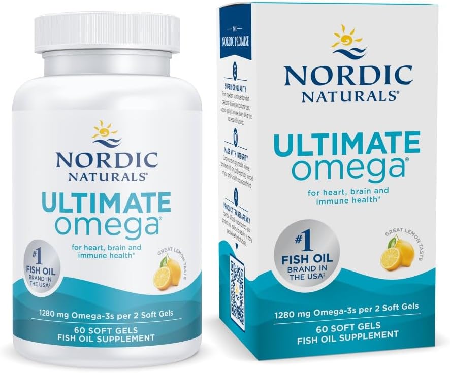 Nordic Naturals Ultimate Omega, Lemon Flavor - 60 Soft Gels - 1280 mg Omega-3 - High-Potency Fish Oil Supplement with EPA & DHA - Promotes Brain & Heart Health - Non-GMO - 30 Servings Nordic Naturals Ultimate Omega, Lemon Flavor - 60 Soft Gels - 1280 mg Omega-3 - High-Potency Fish Oil Supplement with EPA & DHA - Promotes Brain & Heart Health - Non-GMO - 30 Servings