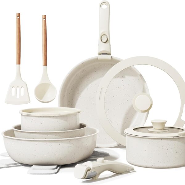 Bazova Ceramic Nonstick Cookware Set, Healthy,Non Toxic,17-Pieces Pots and Pans Set Removable Handles,Induction RV Kitchen Set,Stain & Scratch-resistant,Dishwasher/Oven Safe,PFAS/PFOA Free,Cream White