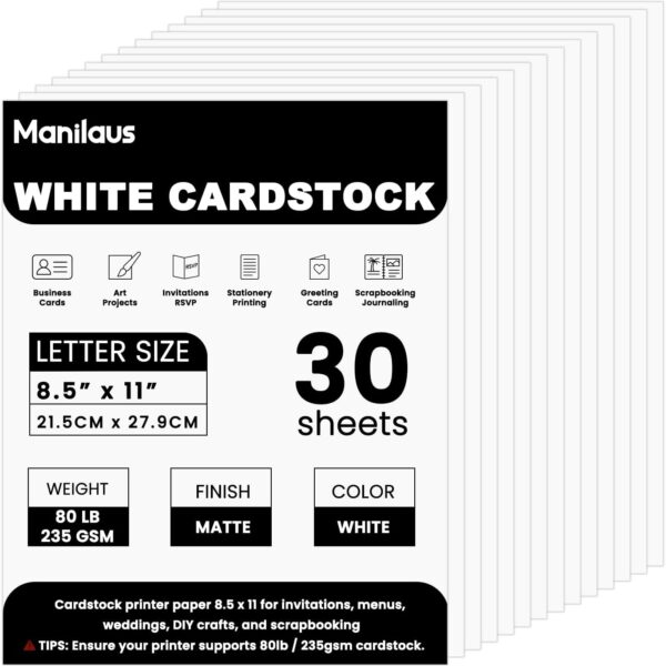 White Cardstock 8.5 x 11"Inch, 80lb Cardstock Paper, 30 Sheets Card Stock Paper 8.5 x 11 White, Heavy Thick Cardstocks Printer Papers for Invitations, Menus, Weddings, DIY Cards, Scrapbooking.