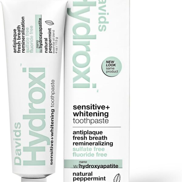 Davids Hydroxi Fluoride Free Nano Hydroxyapatite Toothpaste for Remineralizing, Sensitive Support, Whitening, Antiplaque, SLS Free, Natural Peppermint, 4oz, Made in USA