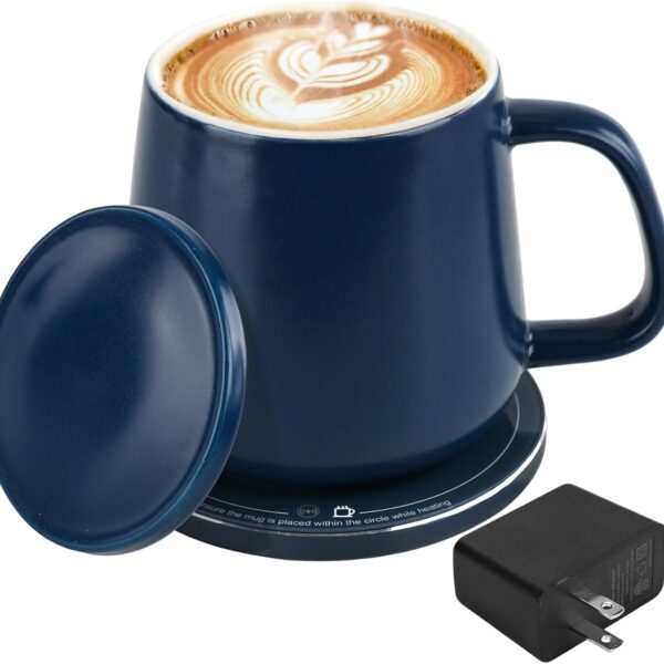 Smart-Warming Ceramic Mug & 15W Wireless Charger Combo - Auto Temperature Control 131F/55C, USB-C Fast Charging Base, 12.8oz Capacity, Splash-Proof Lid (Navy Blue)