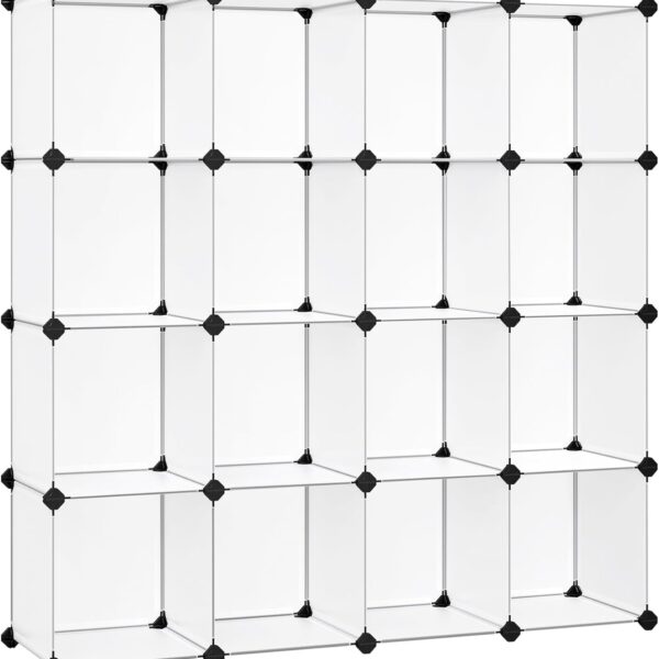 SONGMICS Cube Storage Organizer, Set of 16 Plastic Cubes, Book Shelf, Closet Organizers and Storage, Room Organization, Bedroom Living Room, 12.2 x 48.4 x 48.4 Inches, White ULPC44L