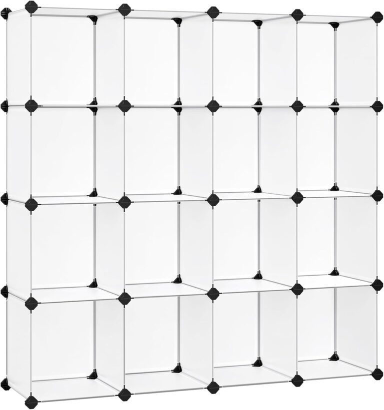 SONGMICS Cube Storage Organizer, Set of 16 Plastic Cubes, Book Shelf, Closet Organizers and Storage, Room Organization, Bedroom Living Room, 12.2 x 48.4 x 48.4 Inches, White ULPC44L