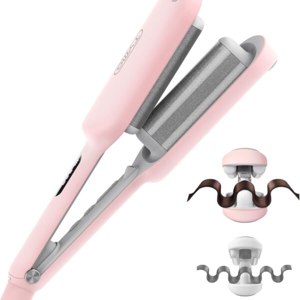 Curling Iron Hair Crimper Waver - TYMO ROVY Beach Waves Curling Wand, Ionic Deep Waver Hair Curler Tool with Ceramic 3 Barrel for Women, Dual Voltage, Anti-Scald, Easy to Use, Pink, 1.25 Inch