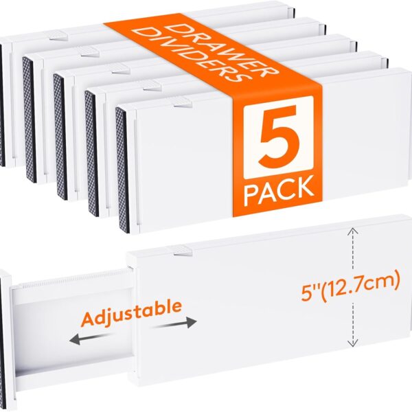 Lifewit 5 Pack 5" High Drawer Dividers 34-56cm/13.5-22" Adjustable Drawer Organizer for Clothes/Utensils, Expandable Drawer Separator in Dresser/Kitchen/Bedroom/Office Organization & Storage White