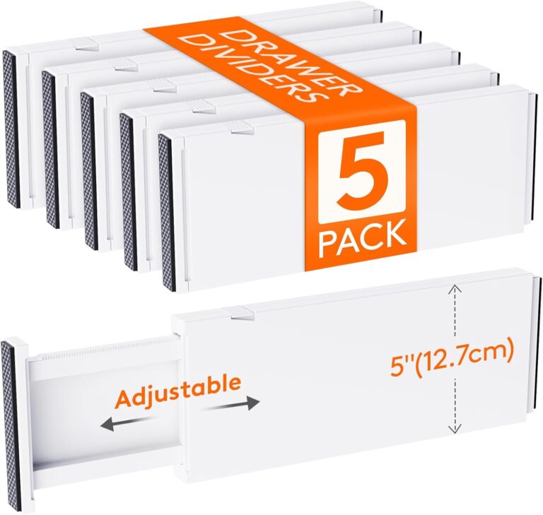 Lifewit 5 Pack 5" High Drawer Dividers 34-56cm/13.5-22" Adjustable Drawer Organizer for Clothes/Utensils, Expandable Drawer Separator in Dresser/Kitchen/Bedroom/Office Organization & Storage White