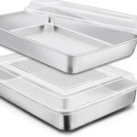E-far Stainless Steel Baking Pan with Lid, 12 x 9 x 2 Inch Rectangle Sheet Cake Pans with Covers Bakeware for Cakes Brownies Casseroles, Non-toxic & Healthy, Heavy Duty & Dishwasher Safe - Set of 2