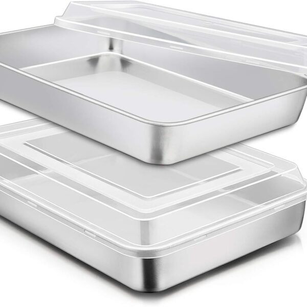 E-far Stainless Steel Baking Pan with Lid, 12 x 9 x 2 Inch Rectangle Sheet Cake Pans with Covers Bakeware for Cakes Brownies Casseroles, Non-toxic & Healthy, Heavy Duty & Dishwasher Safe - Set of 2