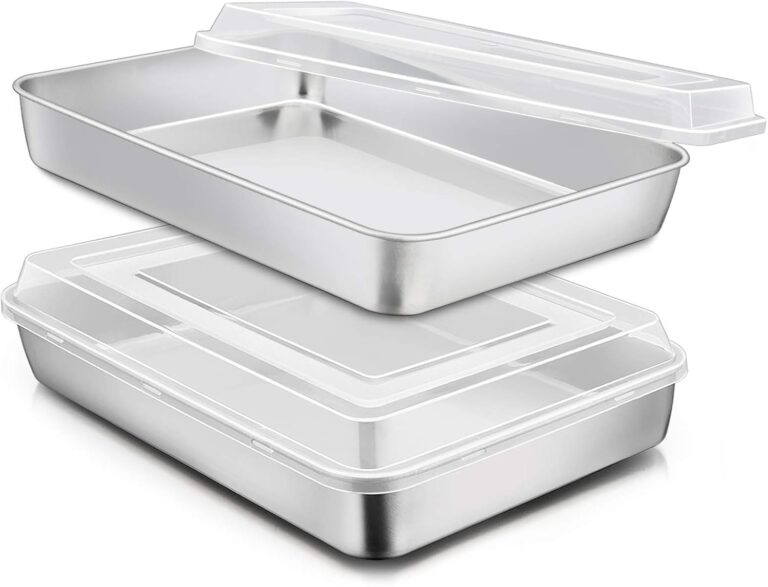 E-far Stainless Steel Baking Pan with Lid, 12 x 9 x 2 Inch Rectangle Sheet Cake Pans with Covers Bakeware for Cakes Brownies Casseroles, Non-toxic & Healthy, Heavy Duty & Dishwasher Safe - Set of 2