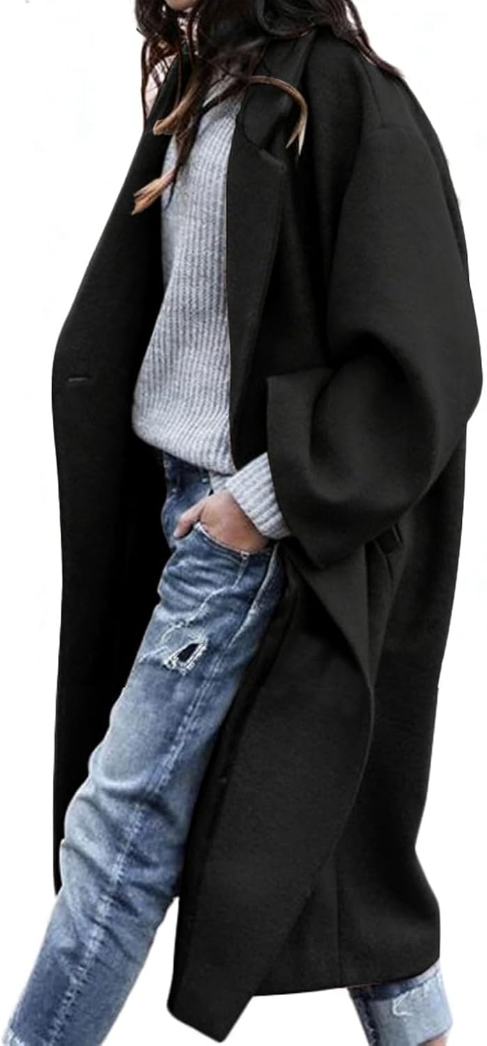 CHARTOU Women's Oversized Notched Collar Wool Blend Single Breast Midi Long Trench Coat