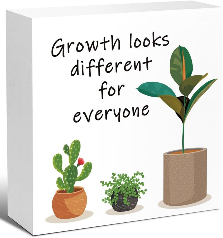 LVQHI Growth Looks Different for Everyone Inspirational Wood Block Sign, Motivational Plant Theme Wooden Desk Decor for Home Bedroom Office, Cheer Up Gift for Friend Coworker Women