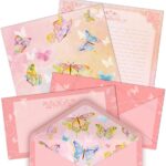 Anzon Mories 72 Pieces Stationery Set (48 Sheets Paper & 24 Pcs Envelopes) 8.5 x 11 In, Girls Pink Watercolor Butterfly Thick Letter Writing Stationary, One Side Lined, Thank You Birthday Invitation
