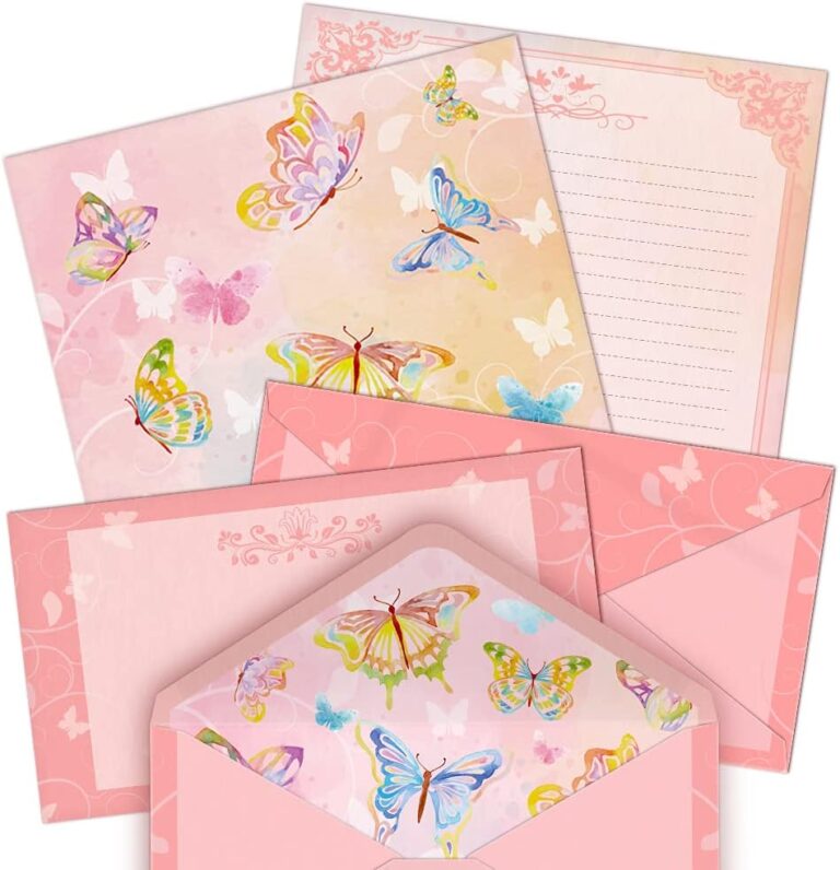 Anzon Mories 72 Pieces Stationery Set (48 Sheets Paper & 24 Pcs Envelopes) 8.5 x 11 In, Girls Pink Watercolor Butterfly Thick Letter Writing Stationary, One Side Lined, Thank You Birthday Invitation