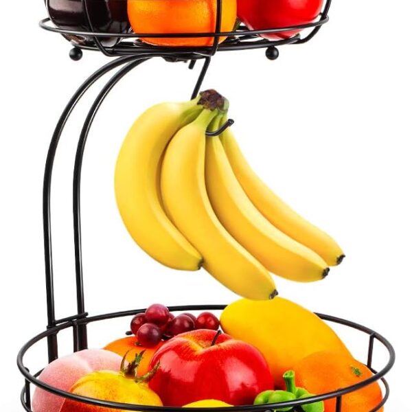 Auledio Iron 2-Tier Countertop Fruit Vegetables Basket Bowl Storage With Banana Hanger, Black, 64 ounces