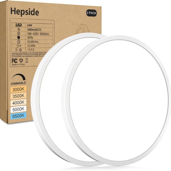 hepside 2Pack LED Flush Mount Ceiling Light Fixture, 12Inch 24W, Dimmable&3000K/3500K/4000K/5000K/6500K Adjustable Low Profile Ceiling Lights, White Round Flat Ceiling Light for Closet,Kitchen,Hallway