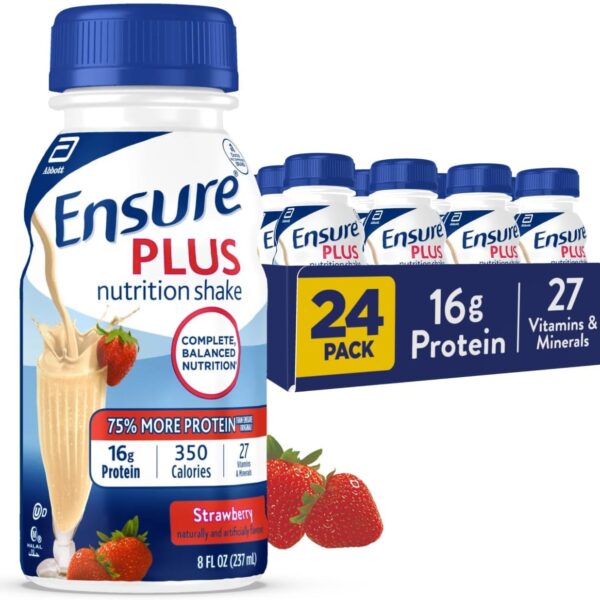 Ensure Plus Strawberry Nutrition Shake | Meal Replacement Shake | Ready To Drink | 16g Protein and 27 Vitamins and Minerals | 8 fl oz - 24 Pack
