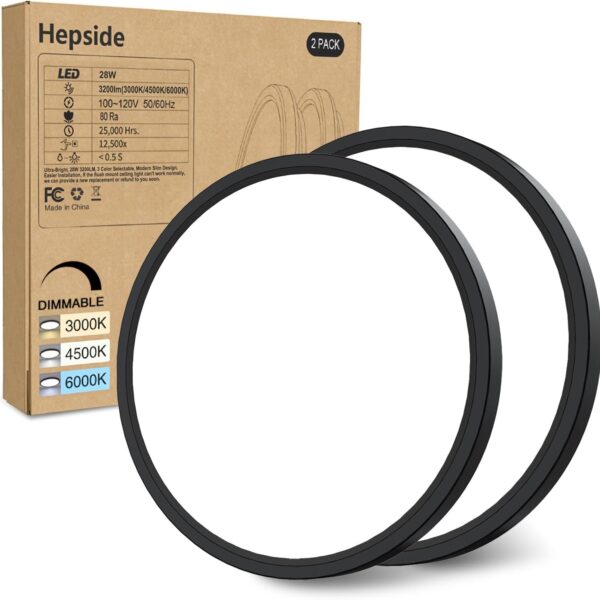 2PACK Flush Mount LED Ceiling Light Fixture Black, 12Inch 28Watt, Dimmable & 3000K-4500K-6000K 3 Color Selectable Ceiling Lamp 3200LM Low Profile Ceiling Light for Kitchen Bedroom Hallway Porch