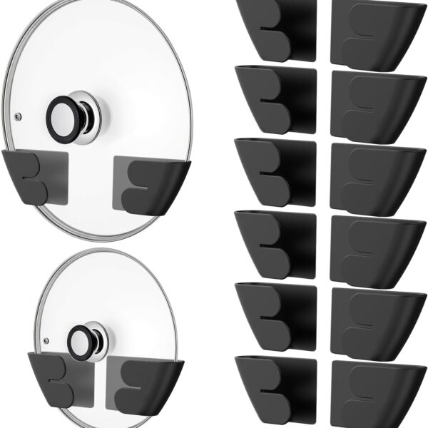 Niceyos Universal Adjustable Pot Lid Organizer for Cabinet - Upgraded Patented Set of 8 Pan Lids Organizers Inside Cabinet Door Wall Mount Pots Top Holder for Kitchen Cupboard, Fits 6" to 14" (Black)