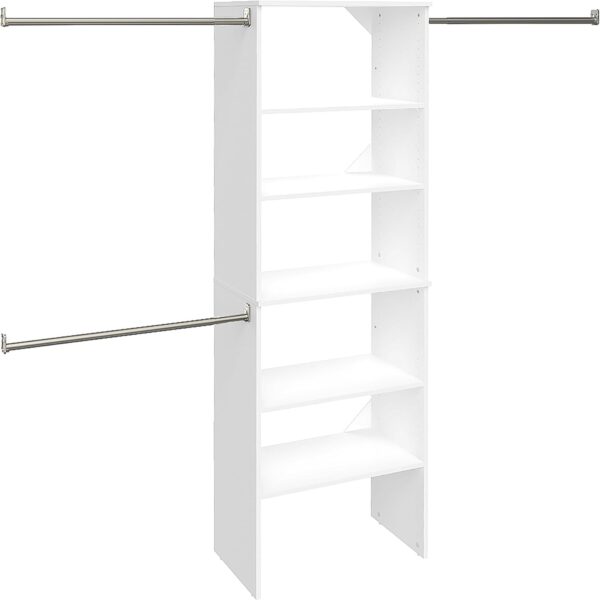 ClosetMaid SuiteSymphony Wood Closet Organizer System, 25-Inch Starter Kit with Tower and 3 Hang Rods and Shelving, Adjustable Shelves, Customizable Insert, Reach-in or Walk-in Closets, Pure White