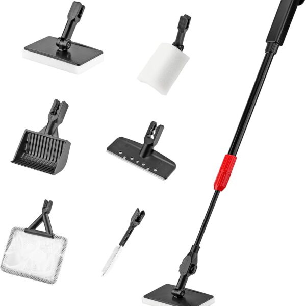 Mogoko 6 in 1 Aquarium Cleaning Tool Kit, Multi-Use Fish Tank Cleaning Kit with Telescopic Long Handle, Algae Scraper Scrubber Pad Scrub Brush Fish Net Gravel Rake