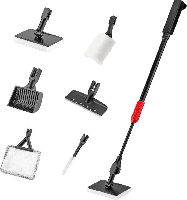 Mogoko 6 in 1 Aquarium Cleaning Tool Kit, Multi-Use Fish Tank Cleaning Kit with Telescopic Long Handle, Algae Scraper Scrubber Pad Scrub Brush Fish Net Gravel Rake