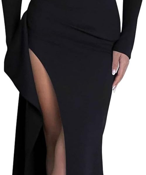 Memoriesea Women's One Shoulder Long Sleeve Sexy High Slit Wedding Guest Party Maxi Dress