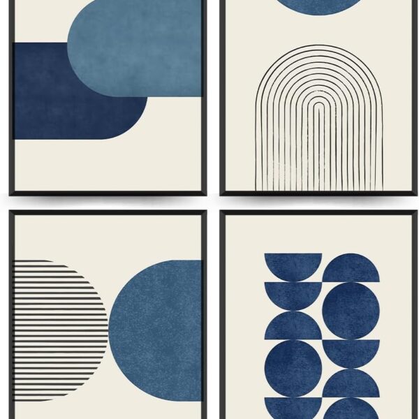 PLKMN Navy Blue Abstract Wall Art Decor Set of 4 - Bathroom Decor, Boho Minimalist Wall Art Prints for Bedroom Living Room 8x10 (Unframed)