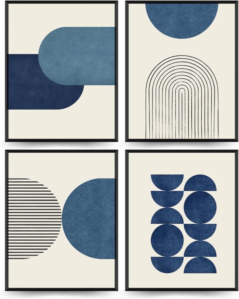 PLKMN Navy Blue Abstract Wall Art Decor Set of 4 - Bathroom Decor, Boho Minimalist Wall Art Prints for Bedroom Living Room 8x10 (Unframed)